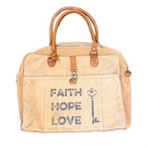 Upcycled Canvas “Faith Hope Love” Laptop Tote Bag Leather Handles Rustic Boho